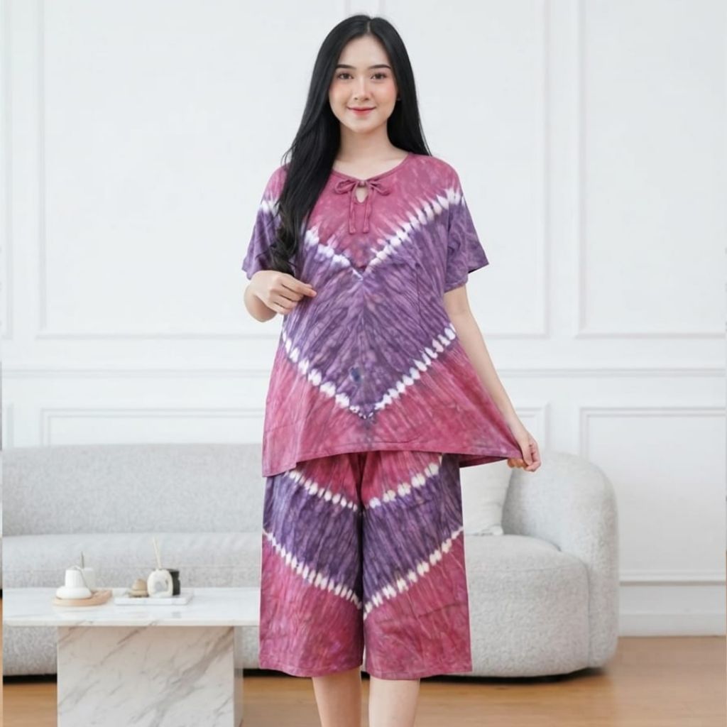 Setelan Wanita Kaos Celana Kulot Pendek Selutut Atasan Lengan Pendek Motif Garis Kombinasi Tiedye On