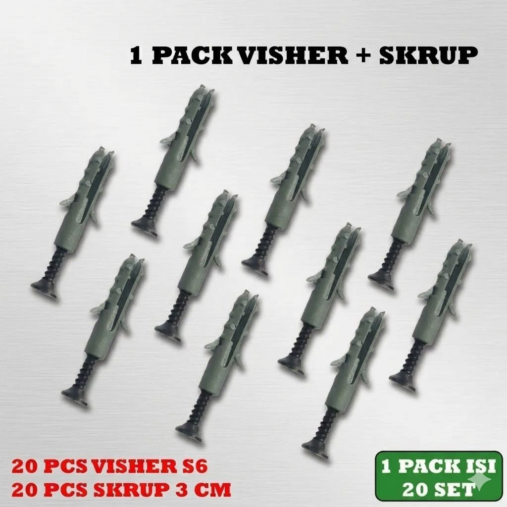 1 Pack Visher S6 dan Skrup 3cm Isi 20 Set - Fischer Fisher Plus Sekrup Baut Ramset Siku Ambalan Dind