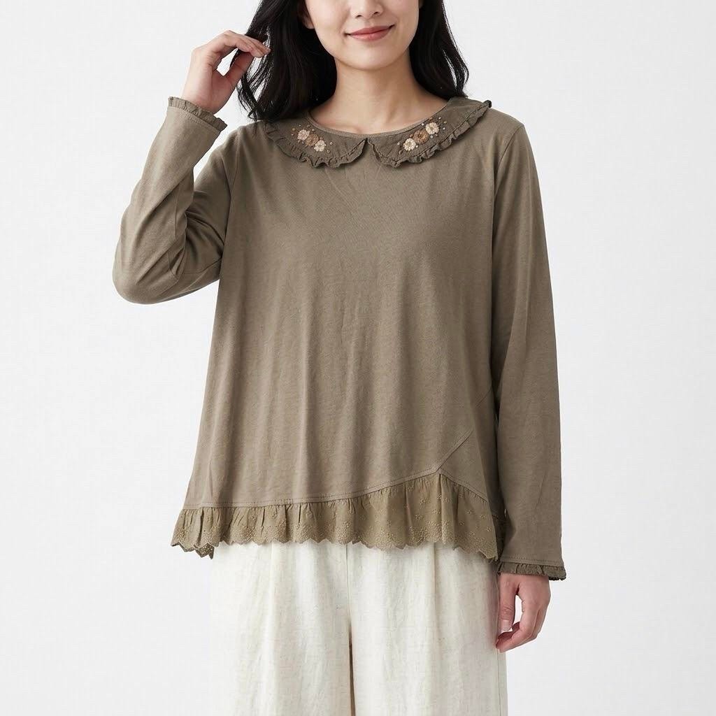 BLUS KAOS COKLAT KREM KERAH LINEN BORDIR BUNGA & RENDA KOREA IMPORT