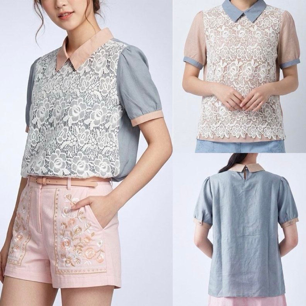 BLUS KEMEJA LINEN PINK BIRU MUDA DUOTONE & RENDA LACE KOREA IMPORT
