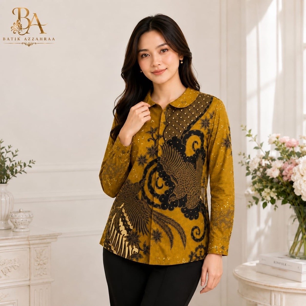 Kemeja Batik Kuning kunyit Motif Antasena Wanita Slimfit Kerah Lipat Sanghai Bahan Katun Lapis Furin