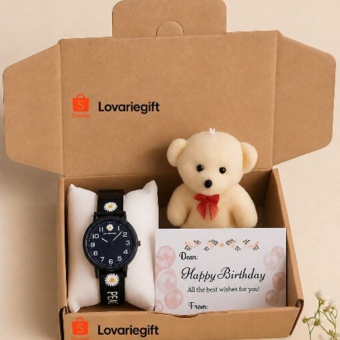 Hampers Kado Jam Tangan + Boneka Bear | Gift Box Birthday untuk Wanita