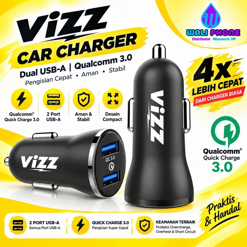 VIZZ Car Charger saver QC 3.0 2Port USB-A Fast Charging 4X Lebih Cepat Charger Mobil 2usb Aman & Sta