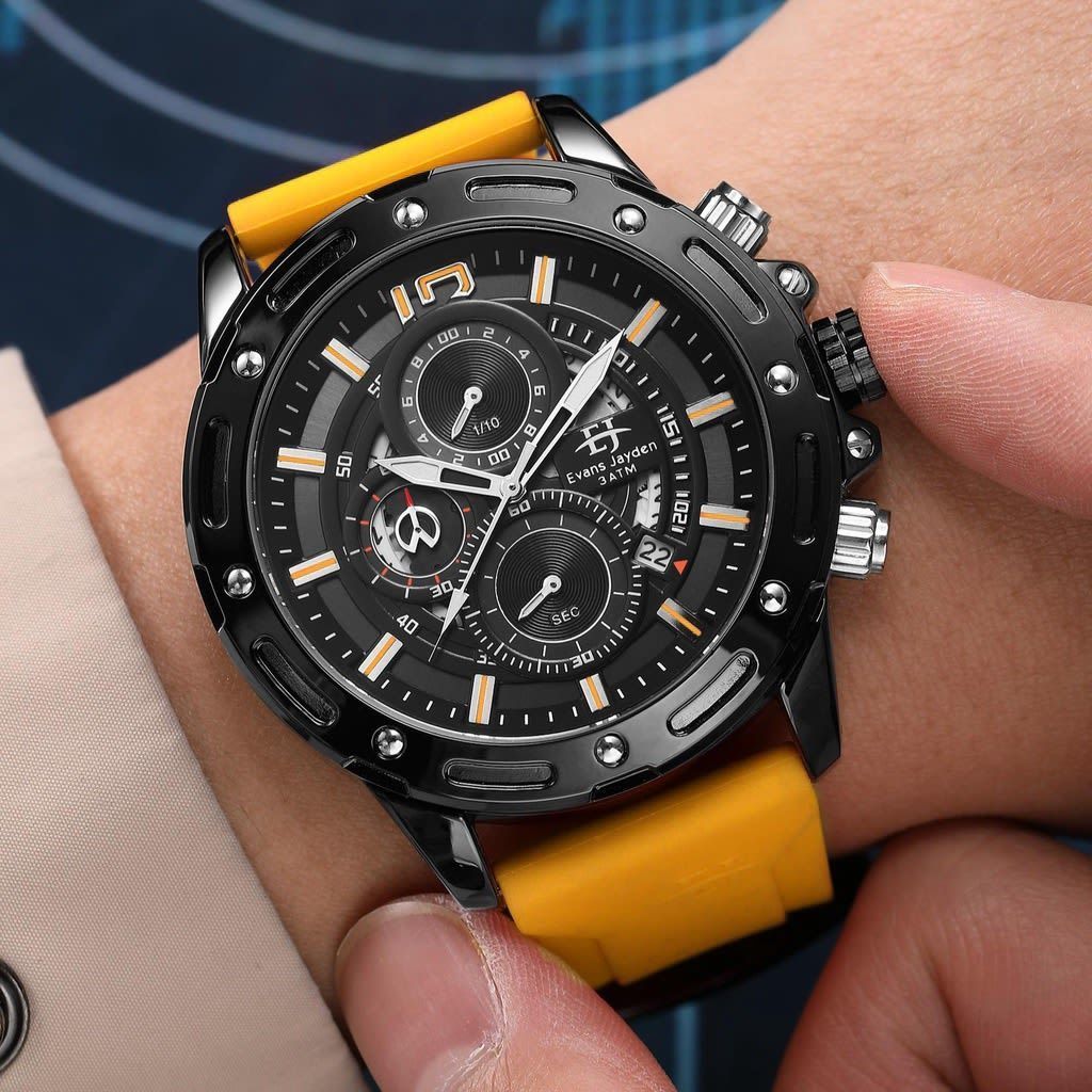 Evans Jayden 9494 Jam Tangan Pria Analog Black Rosegold  Strap Rubber Original