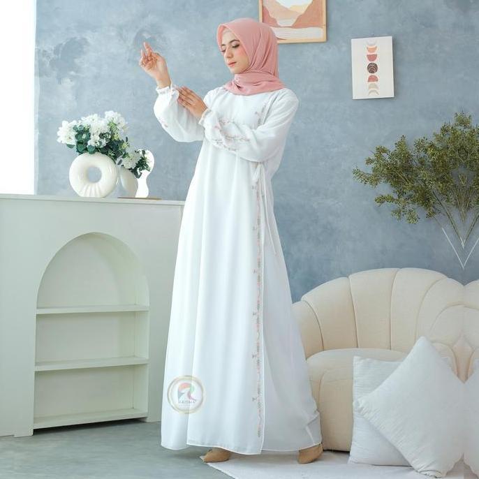Raisma - Ivanna Gamis Syar'i Putih Tulang Premium Elegan Model Verslah Kait Samping Kombinasi Bordir