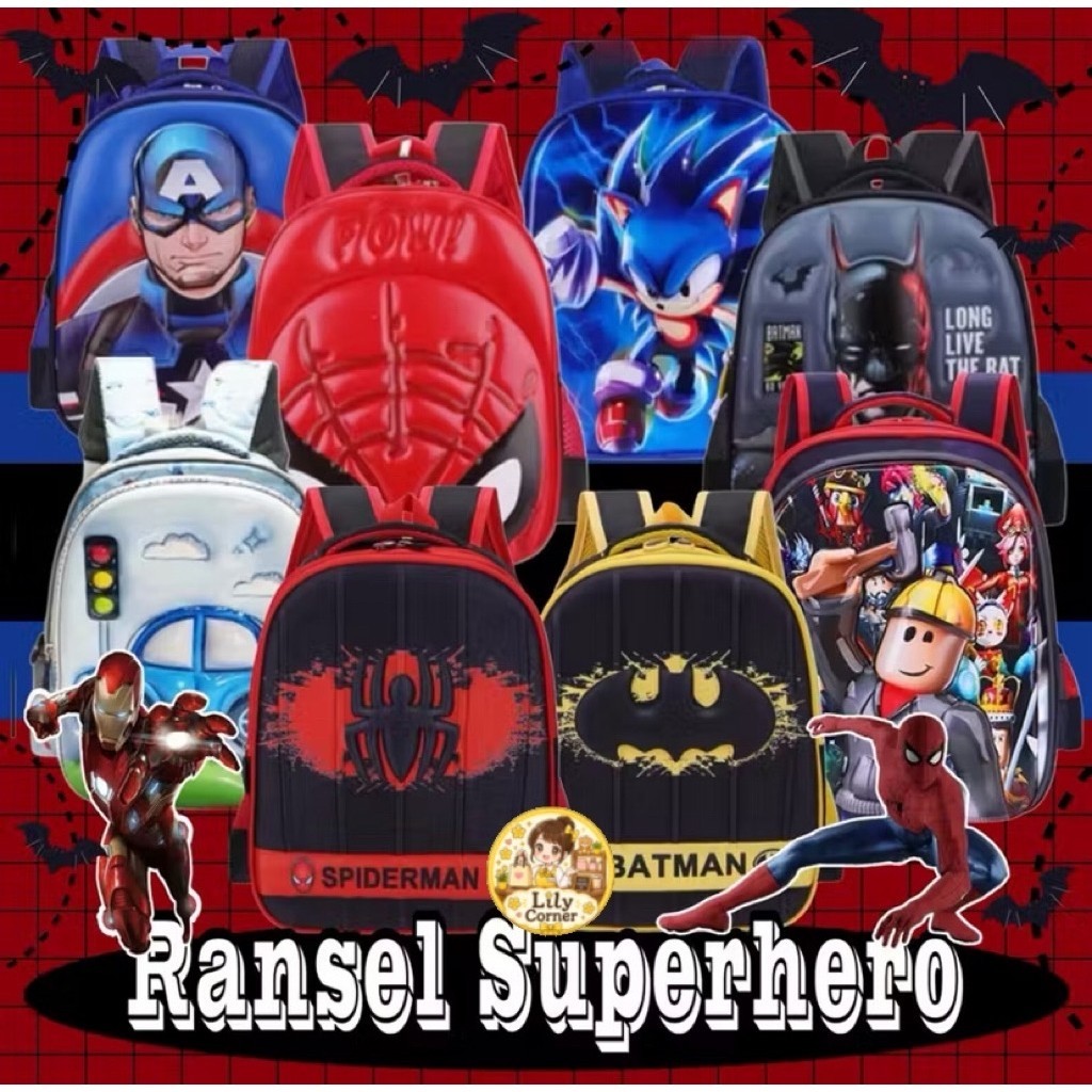 Tas Sekolah Anak Laki Laki TK Motif Superhero Gambar Timbul Hardcase Backpack Ransel Anak Cowok Impo