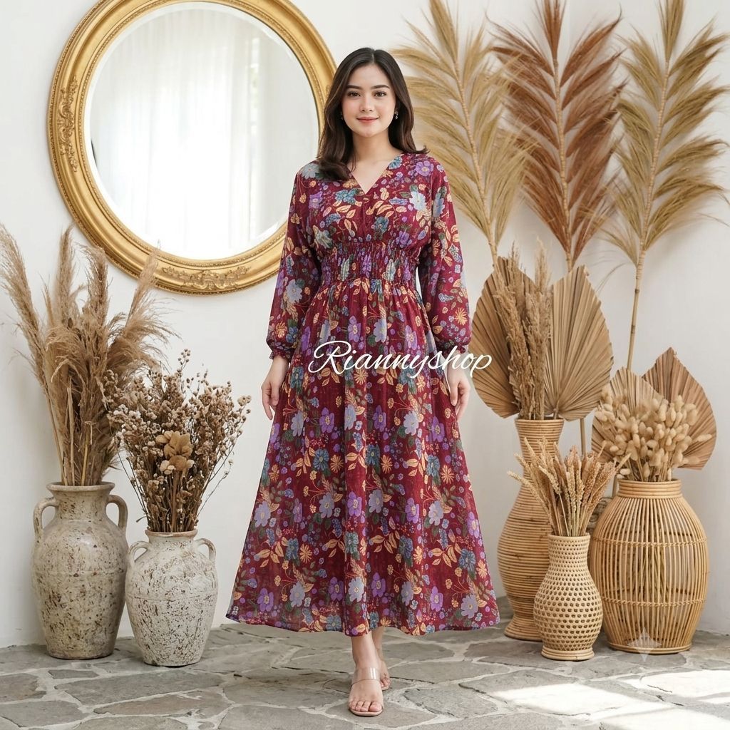 DRESS MOZA RAYON LENGAN PANJANG