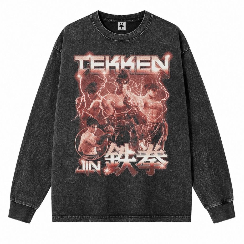 Pattern Merch Kaos Oversize Longsleeve Stone Black Washed Tekken Vintage Unisex Graphic Tee