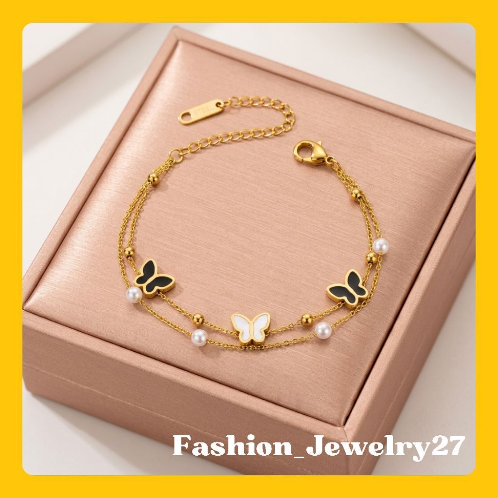 New Gelang Tangan Wanita Titanium Motif Kupu-Kupu Boba Polos 2 Layer Hitam Putih Anti Karat