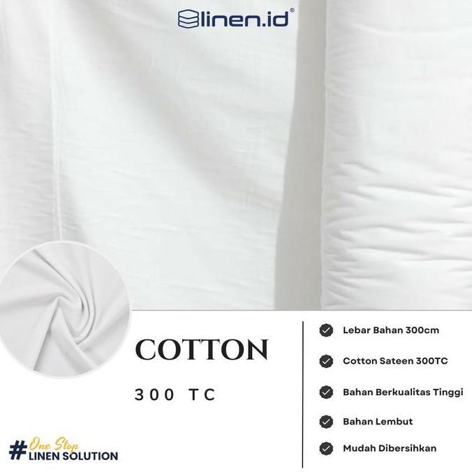 Linen.Id | Cotton 300Tc | [Bahan Sprei Putih] Kain 100% Cotton Polos Plain 300Tc Lebar 300 Cm