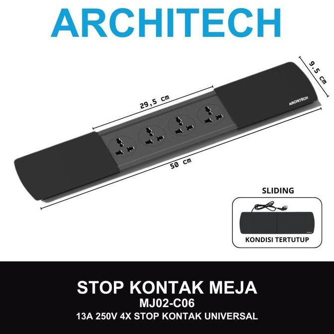 Architech Mj02-C06 Universal Stop Kontak Meja 4 Stopkontak Multi 3Pin Universal Black