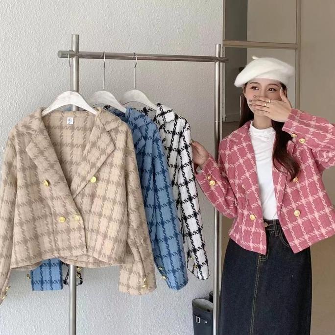 Blazer Tweed Knit Atasan Houndstooth