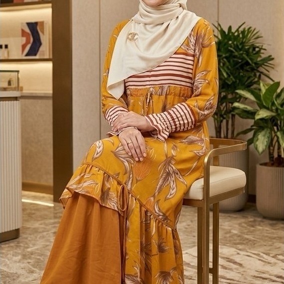 PL Preloved Gamis dress muslim wanita motif bunga abstrak warna kuning lengan panjang model ruffle k