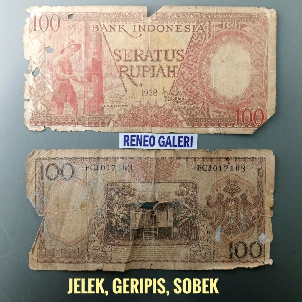 Sobek Asli 100 Rupiah tahun 1958 Seri Pekerja tangan Rp Uang kertas kuno  duit lama original Koleksi