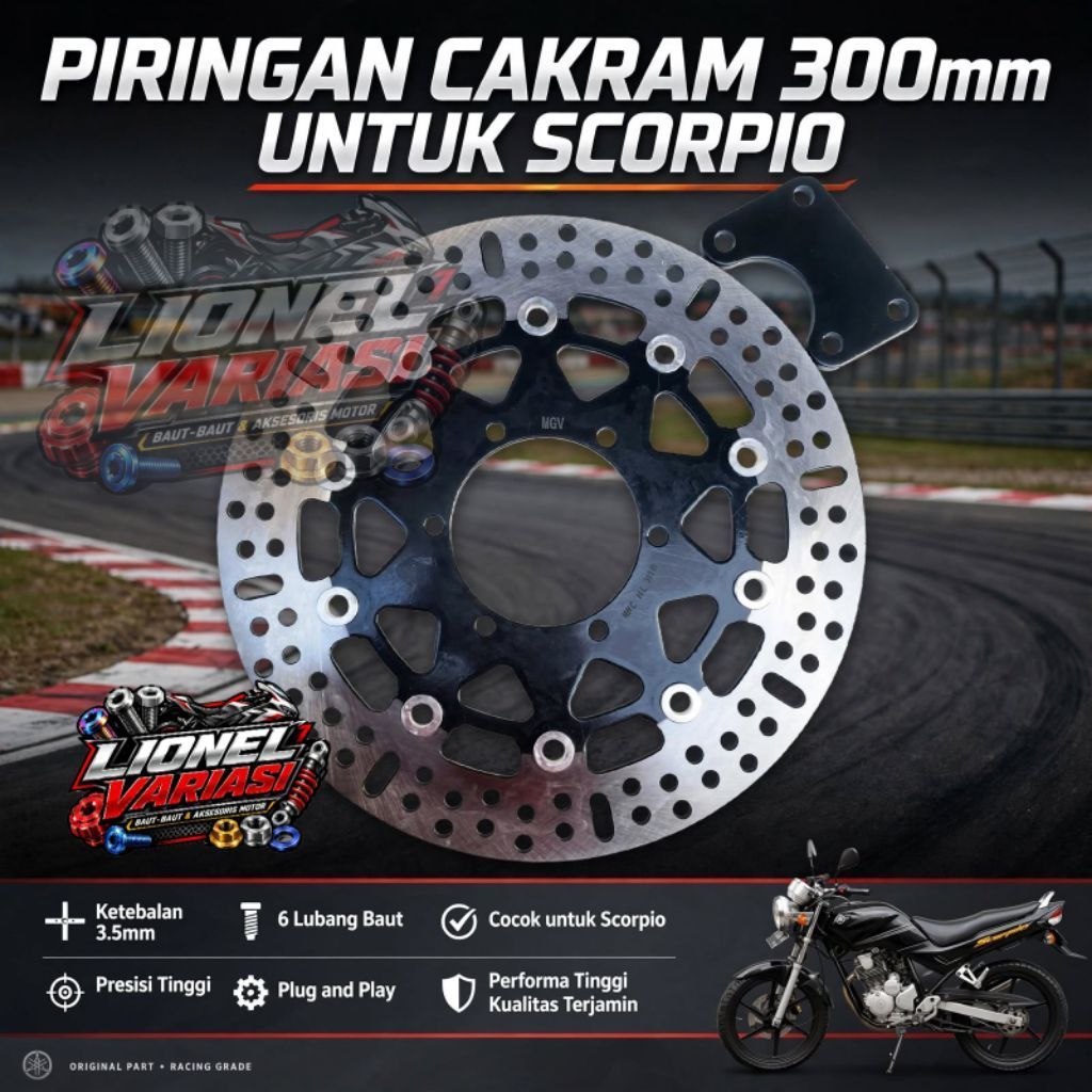 Piringan cakram depan motor scorpio lebar ukuran 300mm plus breket kaliper standar disc cakram scorp
