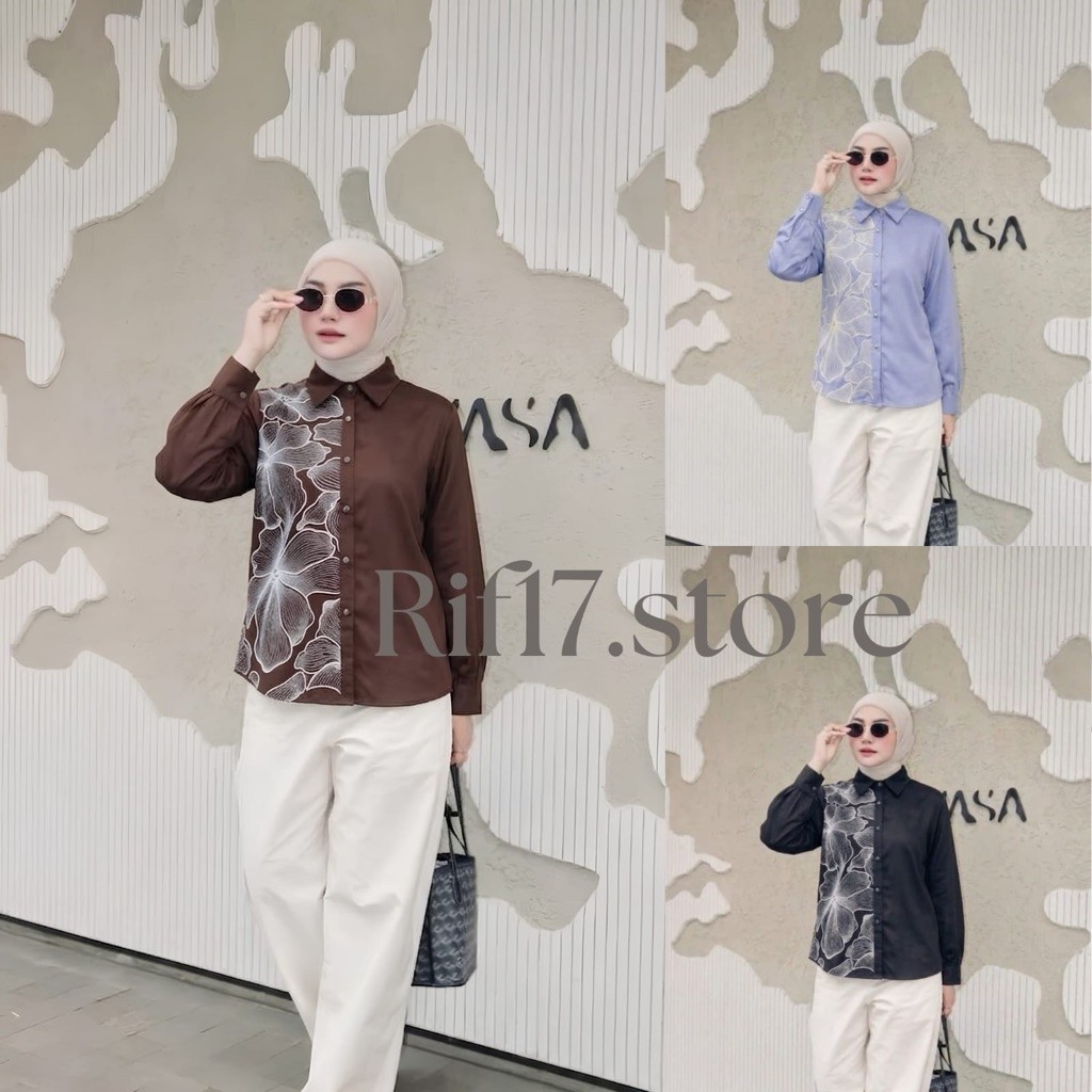 BLOUSE WANITA AZEA | Kemeja Rayon Twill dengan desain motif bordiran bunga