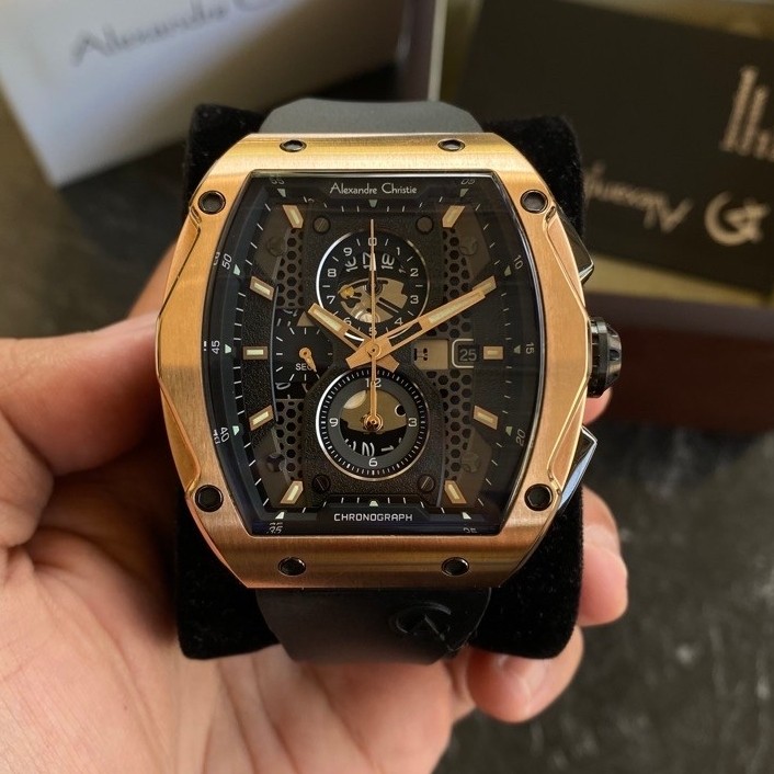 Jam Tangan Pria Alexandre Christie 6608MC Black Rosegold Second Like New