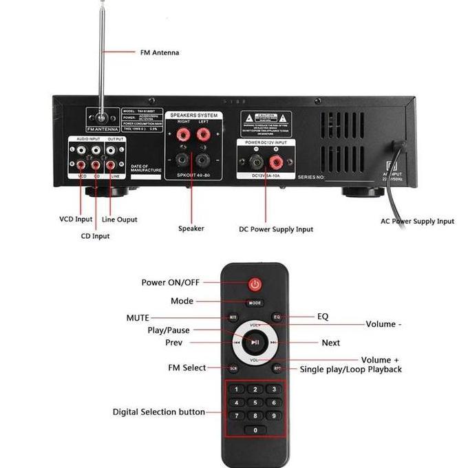 Sunbuck Tav-6188 Bluetooth Amplifier 2000W Eq Audio Home Theater Fm