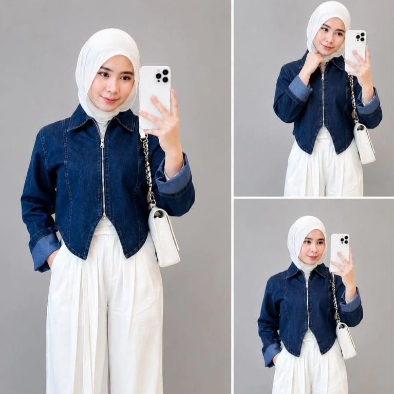 Amora / Syira Jeans Atasan Crop Top Zipper Wanita Denim Premium - Outer Denim Lengan Panjang