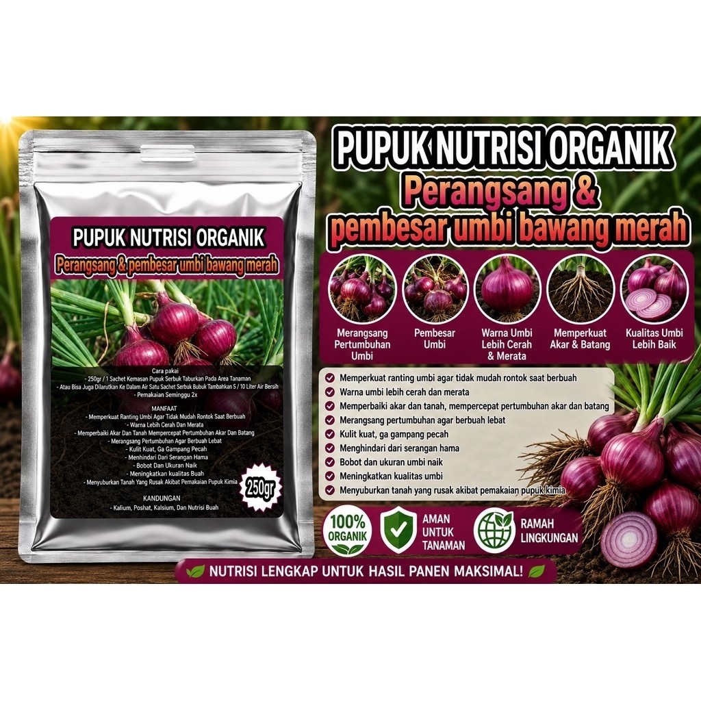 Pupuk Nutrisi Organik Perangsang & Pembesar Umbi Bawang Merah 250gr untuk Tanaman Bawang Merah