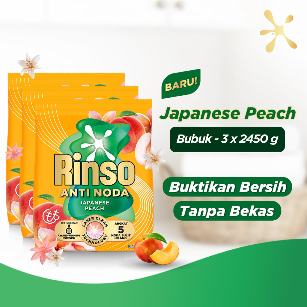 [Lebih Besar, Lebih Hemat] Rinso Baru Detergen Bubuk Varian Japanese Peach 2450g x3
