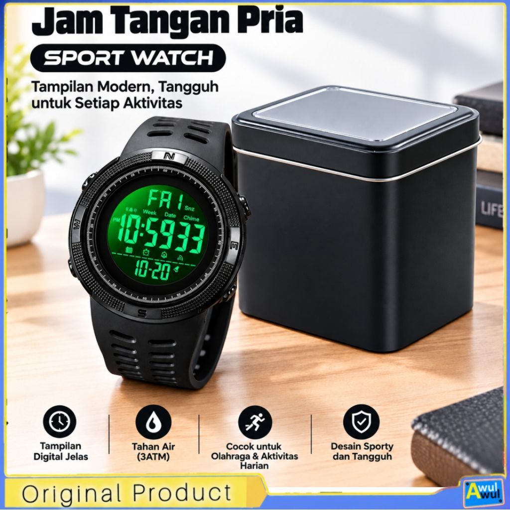 Jam Tangan Digital Sport Pria Fitur Lengkap Chrono Alarm Dual Time Waterproof + Kotak Jam Eksklusif