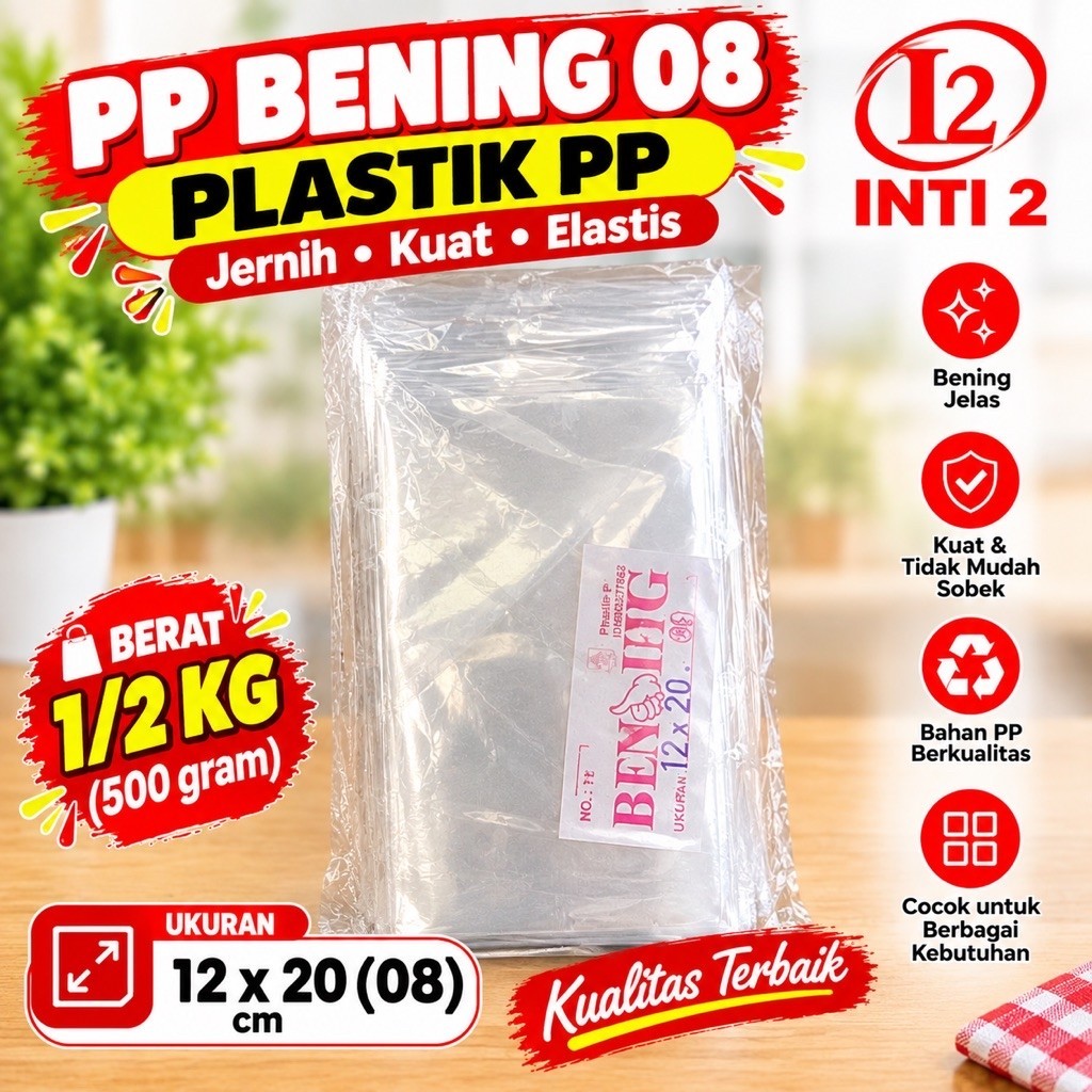 Plastik PP bening 12 x 20 ( 08 ) kemasan 500 gram