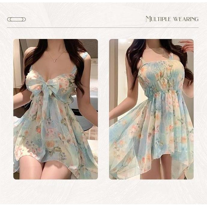 Baju Tidur Wanita Fashion Digunakan Dua sisi Elegan Bunga Chiffon Transparan Dress G string Setelan
