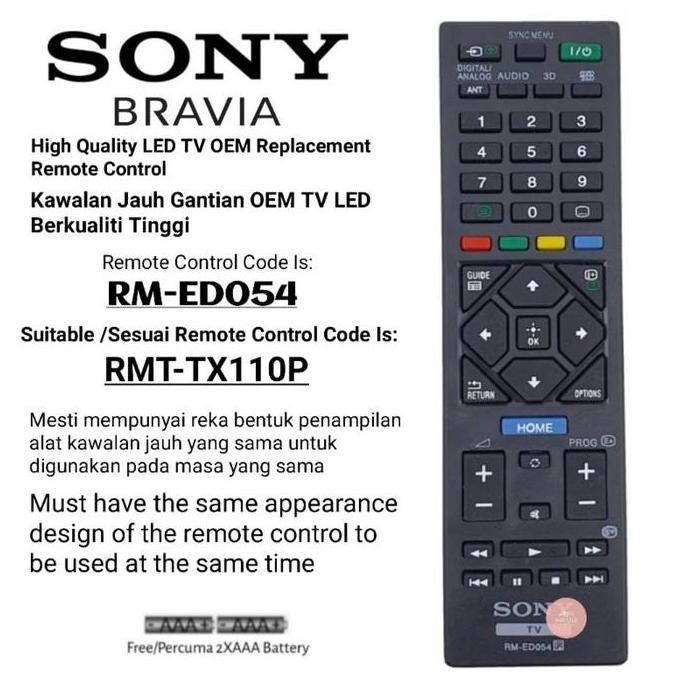 DV284 - Sony Bravia Flat Panel Led Lcd TV Replacement Remote Control RM-ED054