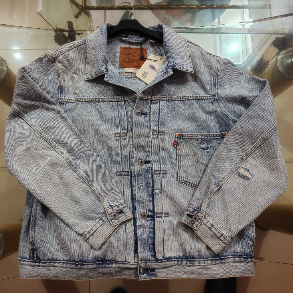 Original LvS Big E Trucker Jacket Type 1 Vintage Washed Light Blue Denim Jeans Boxy Cut 100% Cotton 