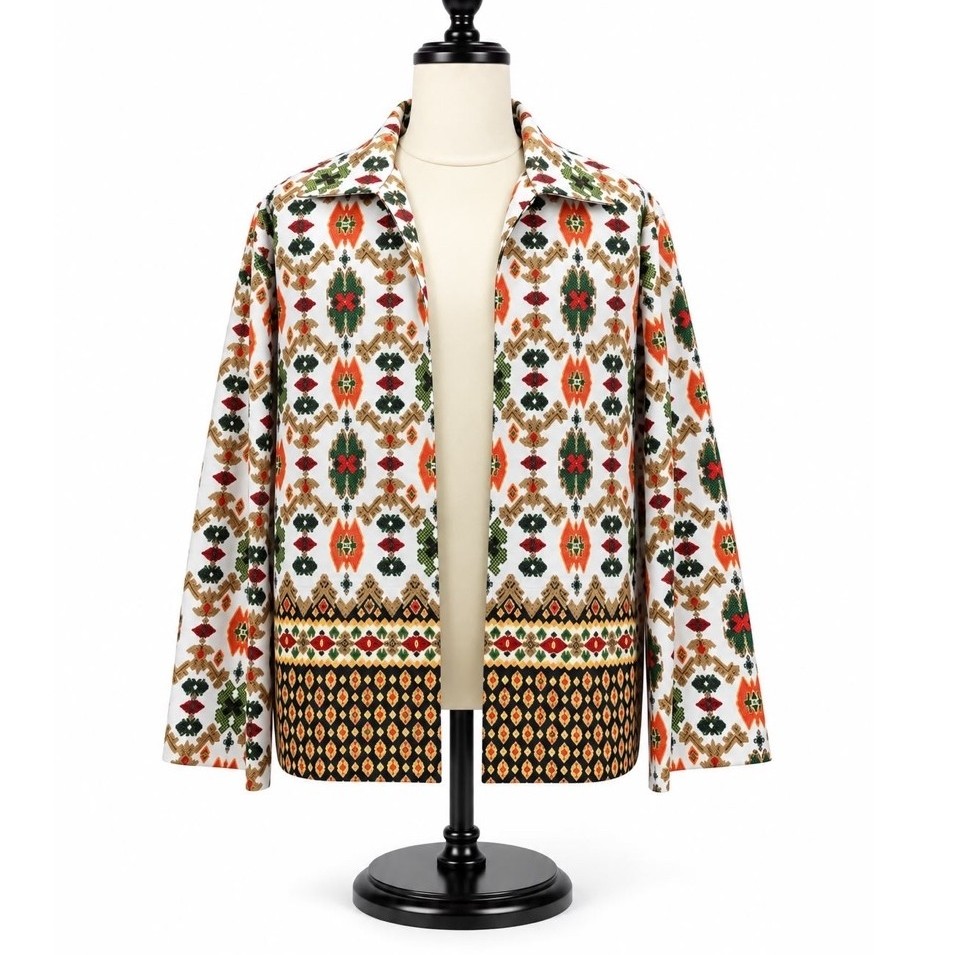 OUTER BATIK ETNIK PUTIH GEOMETRIS, BATIK LENGAN PANJANG MOTIF NUSANTARA