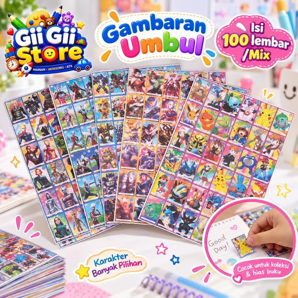 100 Lembar Gambaran Umbul Gapok Mix Kartu Karakter Anak Gambaran Mainan Jadul