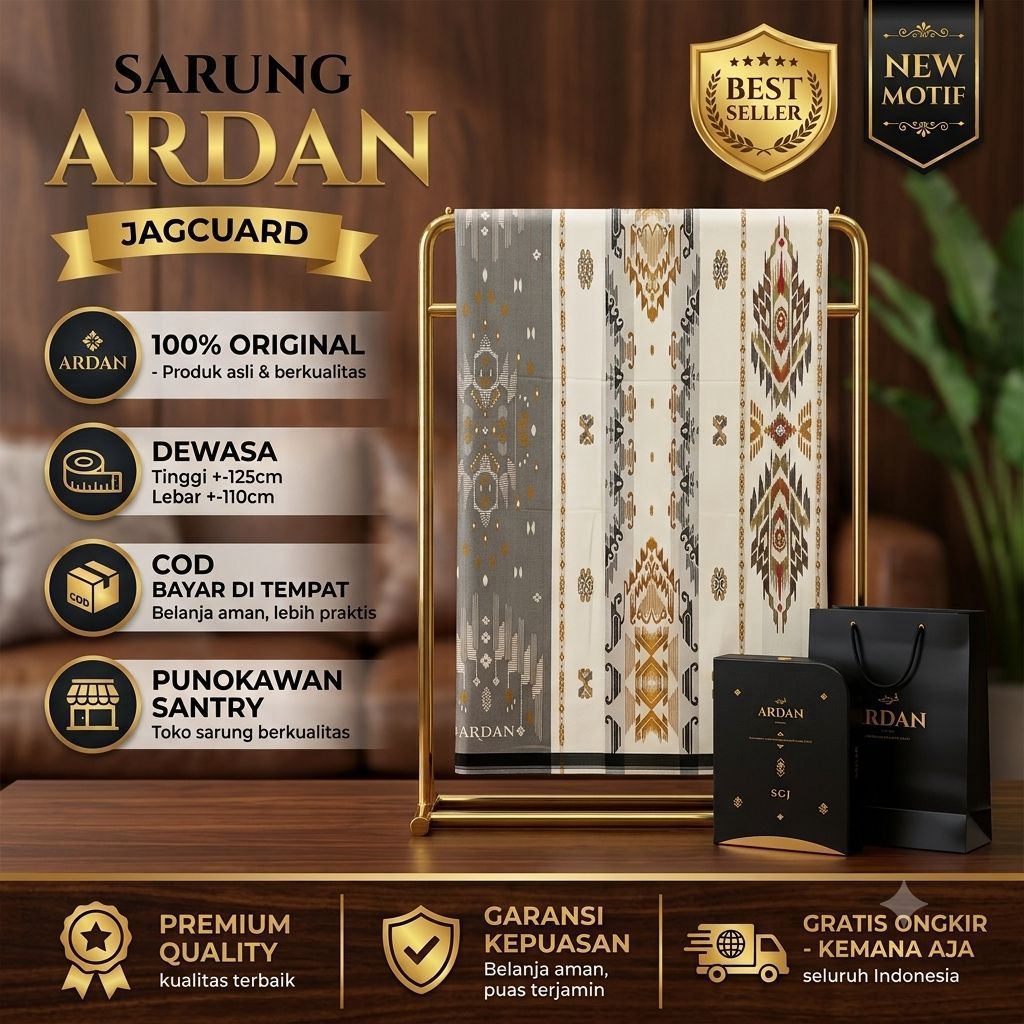 Sarung ARDAN SGJ SUPER SJL/SGG GOLD | SILVER Full Songket Asli Original Hitam Putih
