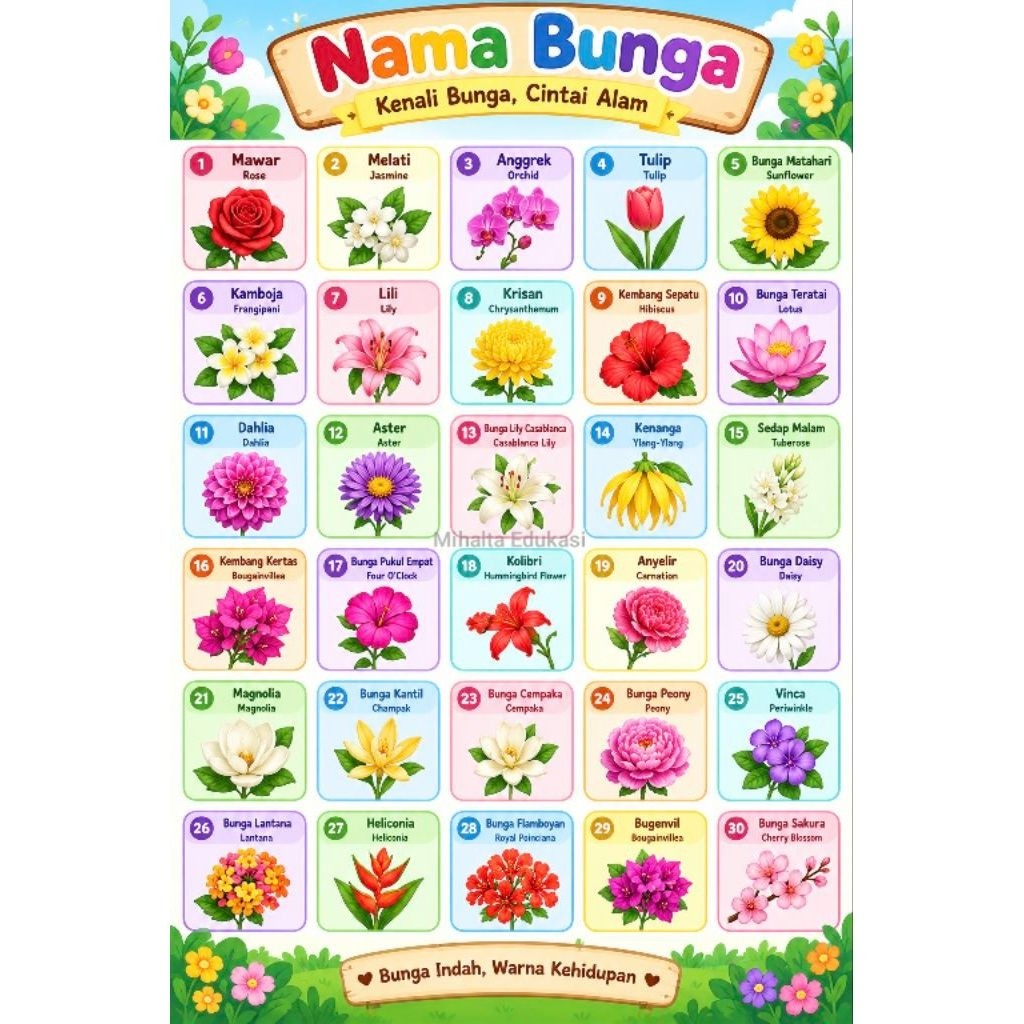 Poster Edukasi Anak Belajar Mengenal Aneka Bunga dengan Poster Bunga