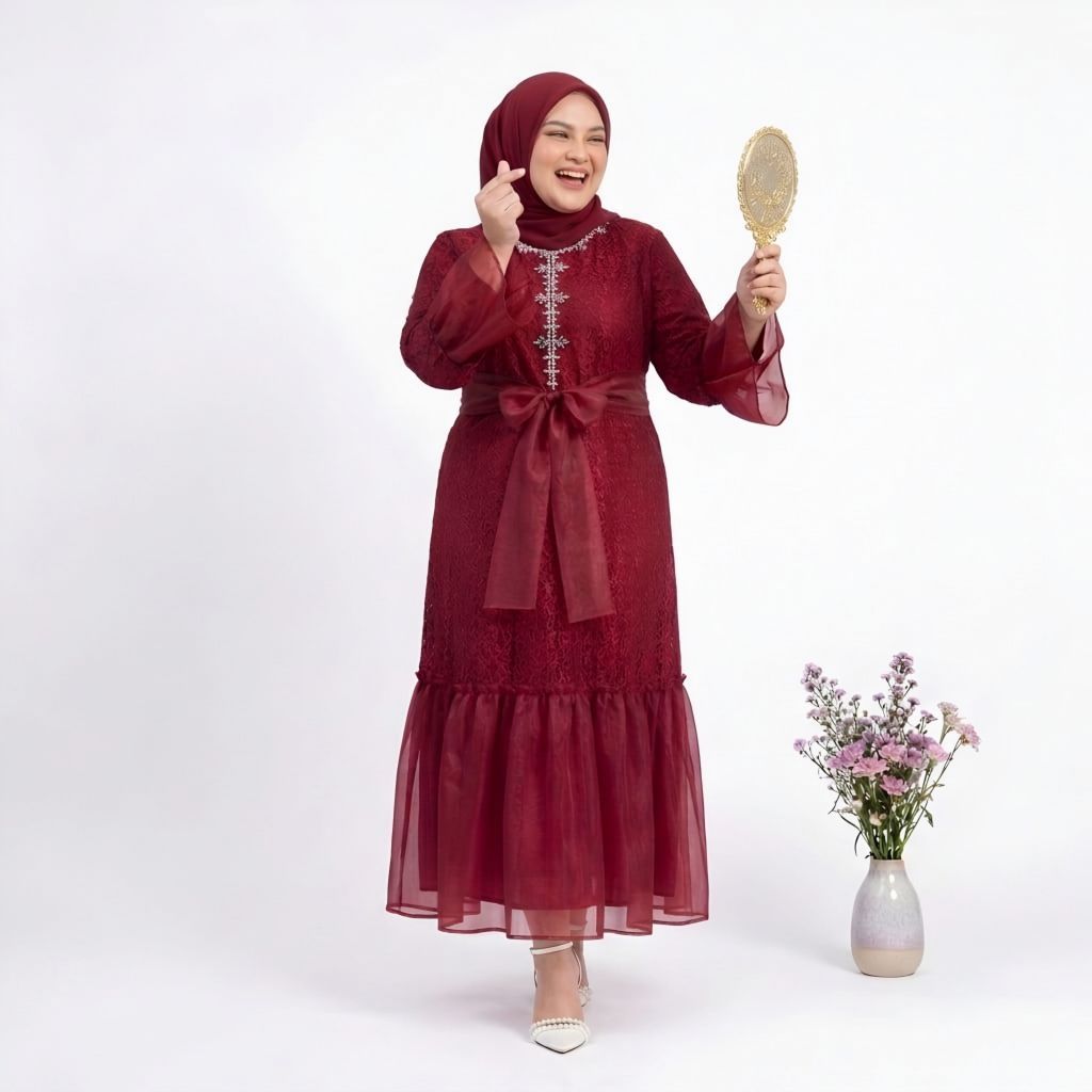 Gamis Pesta Brokat Payet Kristal Mewah Lengan Organza Tulle Gamis Panjang Jumbo Viona Gm