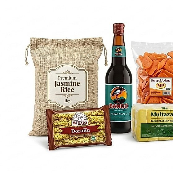 Paket Bahan Masak Dapur Komplit - Beras Putih, Tahu Mentah, Minyak Goreng, Kecap Manis Bango, Mie Ke