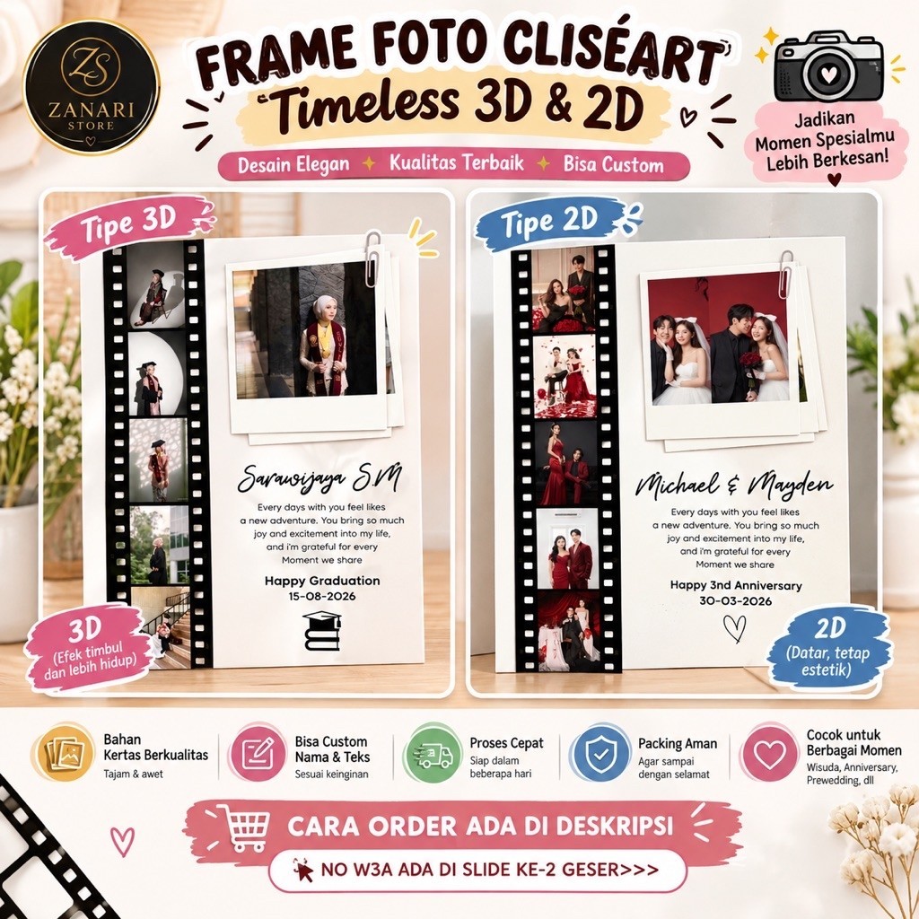 FRAME FOTO CLISEART | CUSTOM FOTO 2D 3D | A4 5R 4R | KACA & AKRILIK | HADIAH UNIK