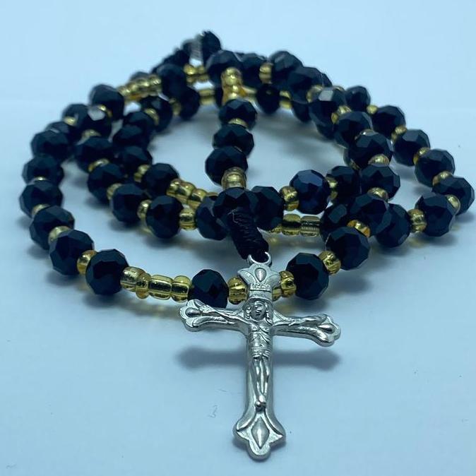 Kalung Rosario Katolik Kristal Ceko Hitam Berkilau