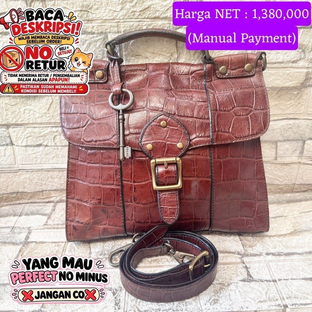 008# NET-Preloved Fossil VRV VRI Croco Top Handle Messanger