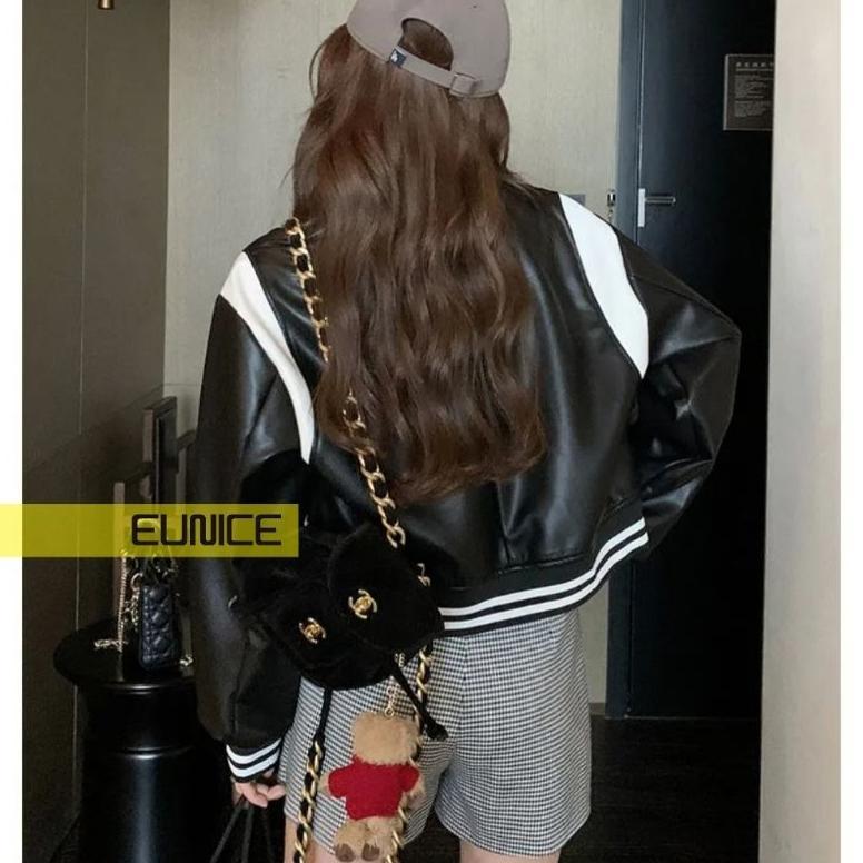 Best Seller Jacket Kulit Wanita Varsity Crop Baseball Two Tone