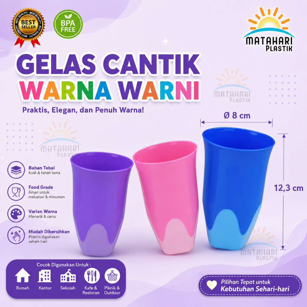 (12 pcs) Gelas Warna Warni/Gelas Plastik Bunga/Gelas Minuman Plastik/Gelas Plastik Cantik/Gelas Vira