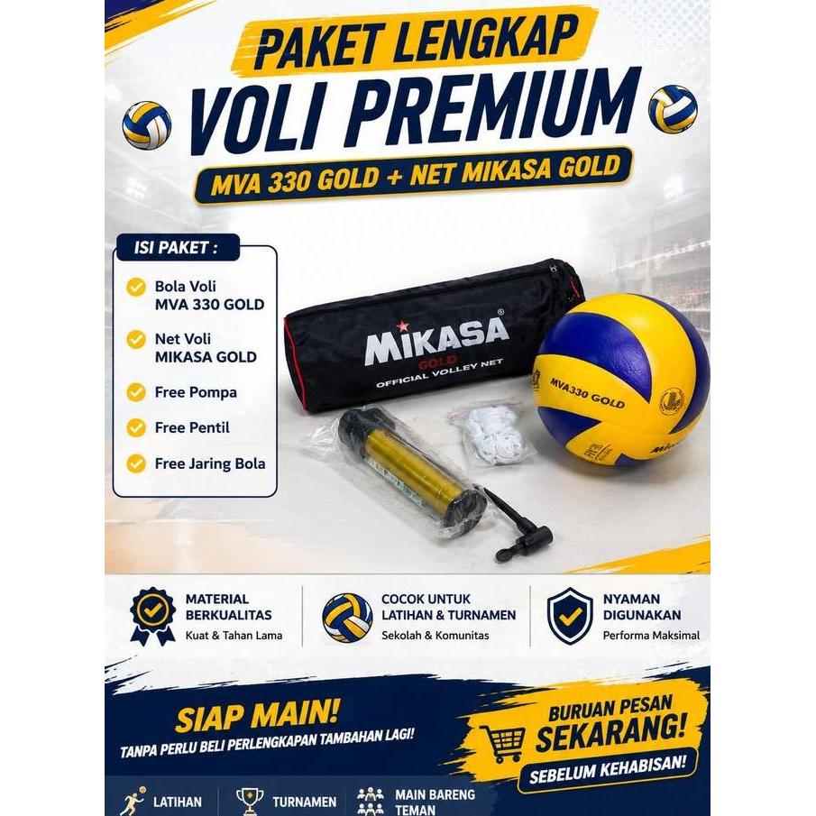 Mikasa Paket Bola Volly MVA330 & Net Gold - Bola Voli Ukuran 5 Kulit PU Leather - Cocok untuk Pertan