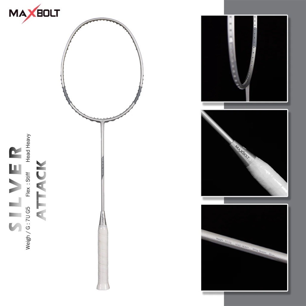 Raket Badminton Maxbolt Silver Attack Original Super Light 7U Head Heavy Free Pasang Senar