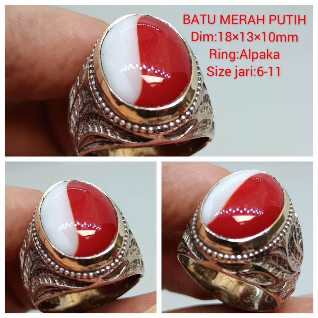 Cincin Batu Akik Asli Motif Merah Putih Dim batu 18×13×10 mm Ring Alpaka Size jari 6-11