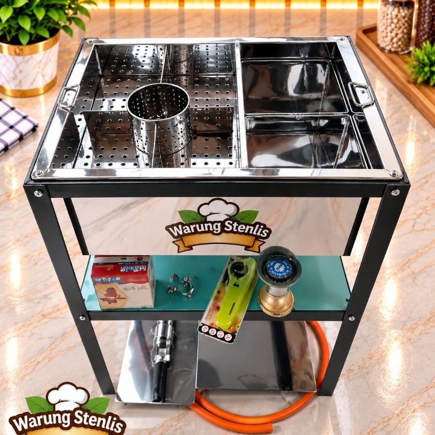 Dandang Panci Bakso 4 Sekat 3 Kuah Stainless Lengkap Meja Kompor