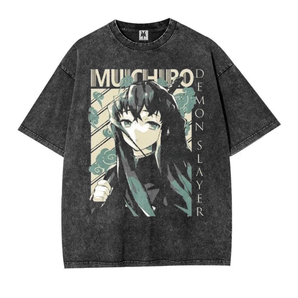 Pattern Merch Kaos Oversize Stone Black Washed Demon Slayer Muichiro Tokito Vintage Unisex Graphic T