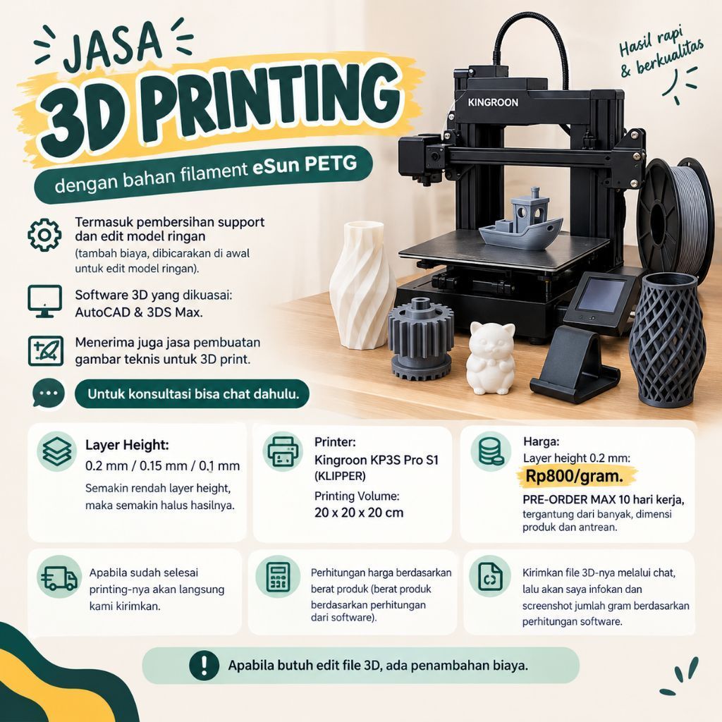 Jasa 3D Printing dengan filamen PLA hasil rapi & berkualitas printer Kingroon KP3S Pro S1