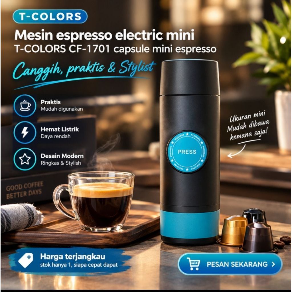 Mesin espresso electric mini, T-COLORS CF-1701 capsule mini espresso portable coffee maker, kondisi 