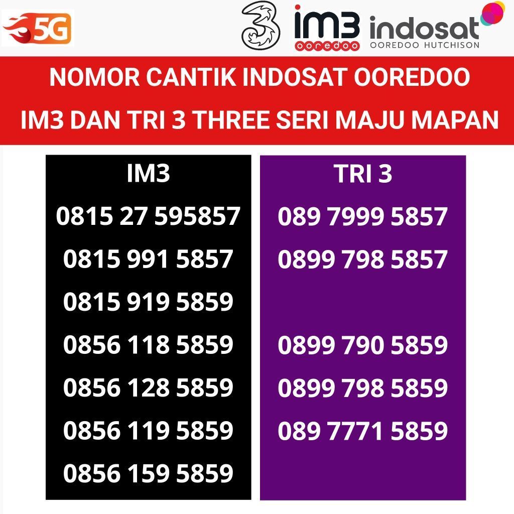 indosat ooredoo im3 tri 3 three nomor cantik hoki 5758 maju mapan 59 mangan kartu perdana nomer 4G 5