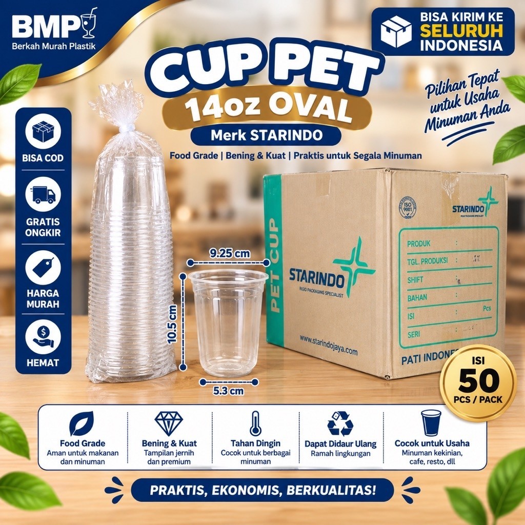 STARINDO Cup PET 14oz OVAL Plastik Diameter 9.25cm Gramasi 10.5gr